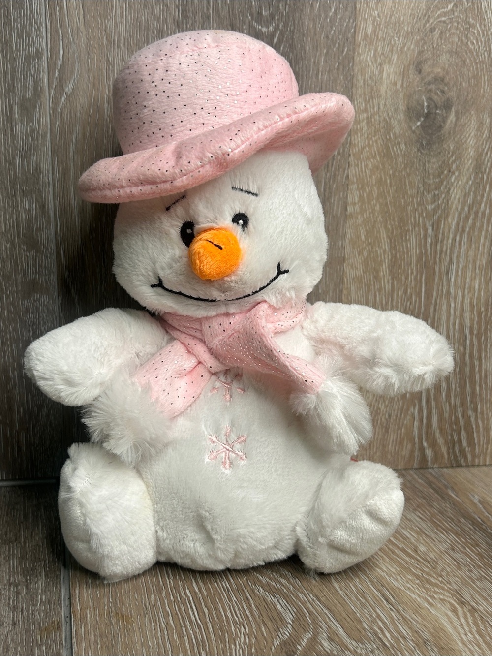 Woody Toys Pink Snowman Plush Stuffed Animal Sparkle Hat Scarf 10”